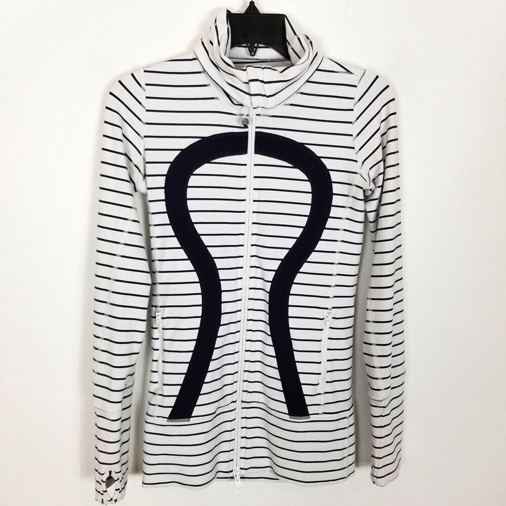 Lululemon Women In Stride Jacket Sz 2 Quiet Stripe White Indigo Athletic Zip Up